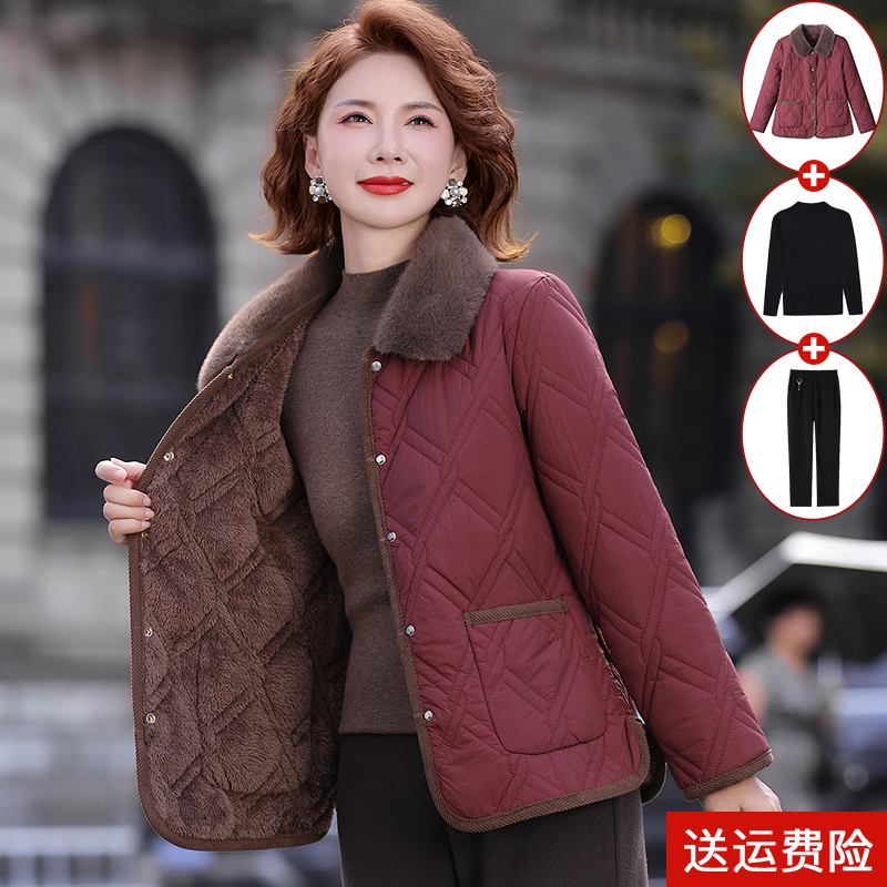 妈妈装秋冬加绒棉衣外套百搭时尚