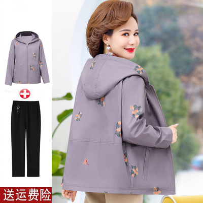 妈妈装春秋时尚夹克外套连帽绣花
