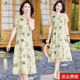 年輕媽媽夏裝 雪紡印花裙子氣質(zhì)顯瘦 中老年女士夏季 連衣裙洋氣新款