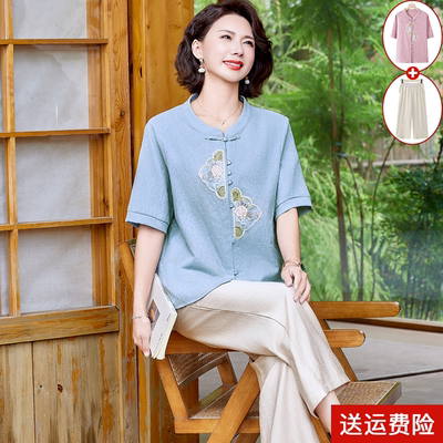 妈妈装夏季短袖绣花麻棉打底衫女