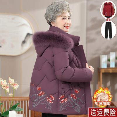 妈妈装冬装加绒加厚棉衣外套绣花