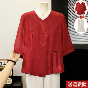 喜婆婆婚宴装婚礼服2026新款中老年妈妈夏装红色雪纺小衫两件套装