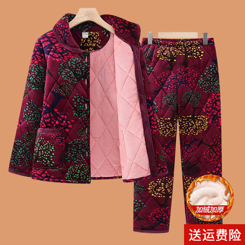 奶奶冬季加绒加厚保暖居家服套装