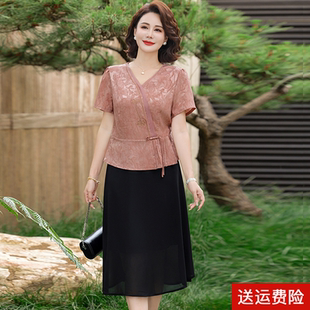 夏季 小個子媽媽夏裝 連衣裙2025新款 中老年女裝 氣質(zhì)假兩件國風裙子