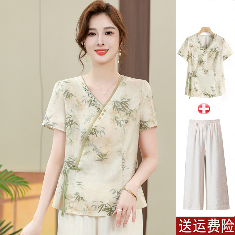 新中式妈妈夏装套装2025喜宽洋气雪纺小衫中老年女装夏季短袖上衣