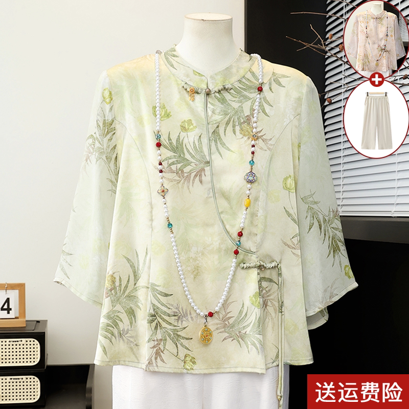 新中式妈妈夏装套装国风唐装t恤上衣中老年女装夏季七分袖薄小衫