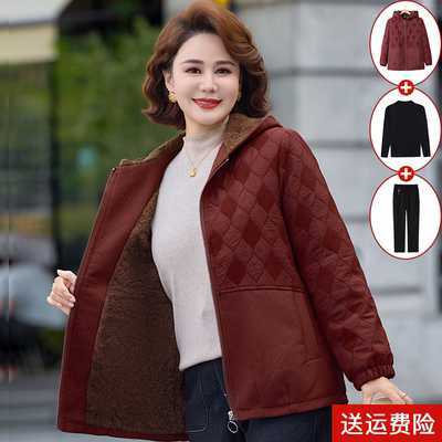 妈妈装冬季加绒加厚连帽棉衣外套