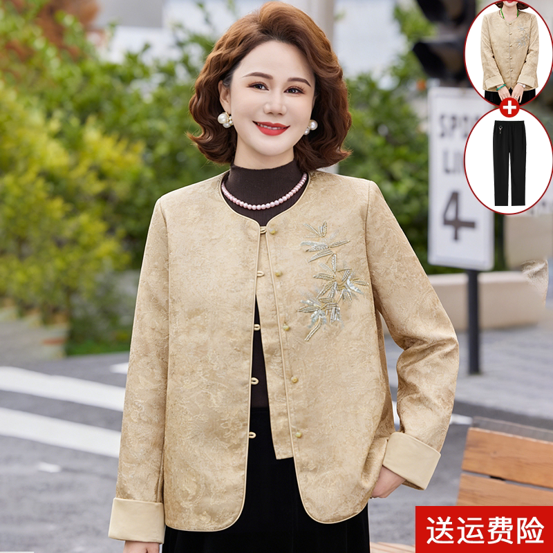 新中式妈妈春装外套短款洋气国风上衣中老年人女装小香风缎面风衣