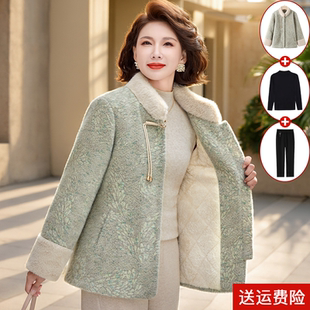 妈妈冬装仿水貂绒加厚外套中老年女款新中式国风保暖毛呢加绒上衣