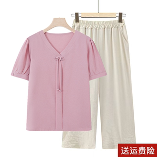 妈妈夏装国风雪纺衫新款短袖T恤中年女夏季中式上衣气质显瘦套装