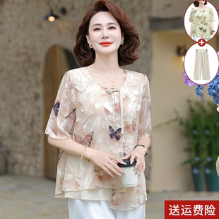 妈妈夏装碎花假两件雪纺小衫洋气t恤衬衫中老年女装宽松两件套装