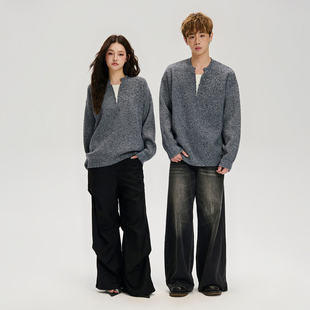 LOSTCTRL 假V领撞色拼接毛衣 春秋季复古修身慵懒感套头毛针织衫