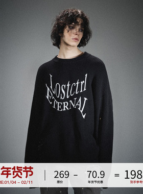 LOSTCTRL字母绣花毛衣男女秋冬新款圆领针织衫宽松慵懒风帽衫国潮