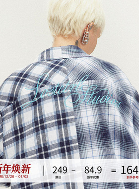 LOSTCTRL「小岛日记」拼接格子衬衫男长袖毛边刺绣衬衣设计感小众