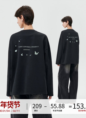 LOSTCTRL 背后蝴蝶印花长袖T恤国潮牌美式复古宽松圆领长袖上衣男