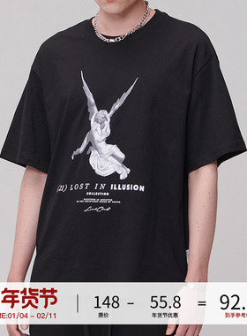 LOSTCTRL 夏季纯棉天使翅膀短袖T恤国潮牌嘻哈印花 宽松休闲男女
