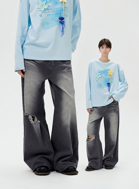 LOSTCTRL 美式复古膝盖破洞水洗重工廓形阔腿灰色宽松休闲牛仔裤