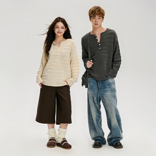LOSTCTRL 秋季舒适复古排扣条纹结构亨利领宽松休闲垂感打底衫