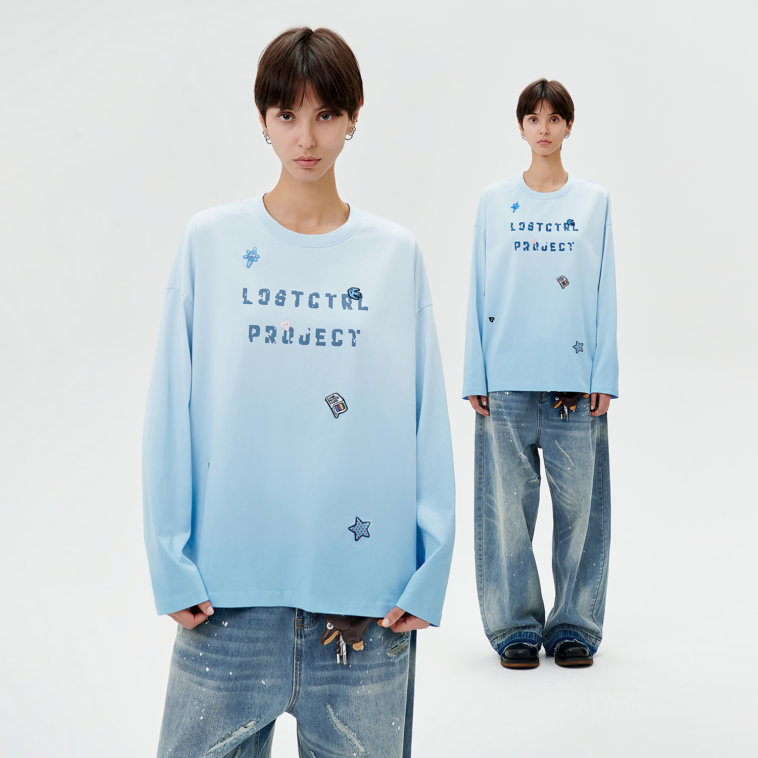 LOSTCTRL 初秋美式复古圆领个性印花渐变宽松长袖针织T恤男女同款