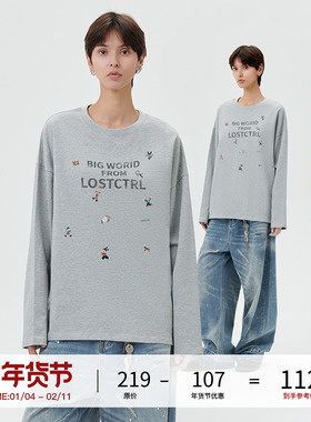 LOSTCTRL 初秋美式复古圆领个性印花纯棉宽松长袖针织T恤男女同款