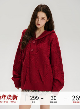 LOSTCTRL 慵懒纽扣连帽毛衣 潮流秋冬季宽松情侣帽衫复古针织衫