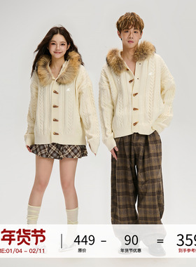 LOSTCTRL 复古可拆卸设计感绒毛领刺绣logo复古宽松开衫休闲毛衣