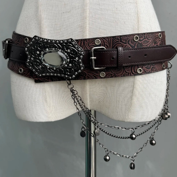 Y2K复古水钻皮质金属扣腰链