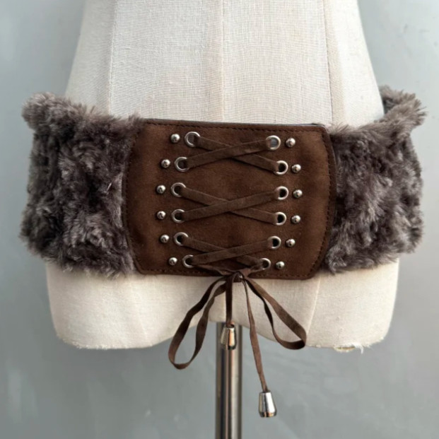 复古毛绒女绑带束腰封棕色百搭