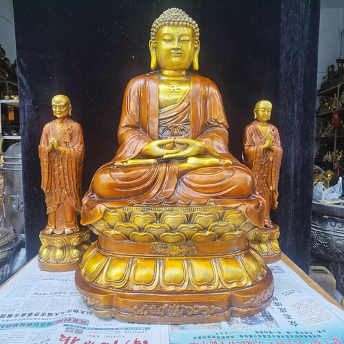 纯铜释迦摩尼佛祖铜阿难迦叶尊者摩诃迦叶一佛二弟子一套铜像摆件 - 封面