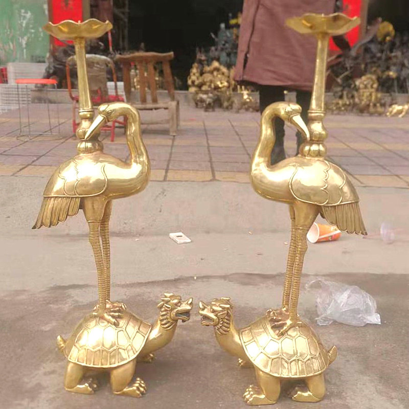 纯铜蜡台烛台龟鹤龙龟仙鹤灵芝招财长寿纳福铜器动物桌面手工摆件