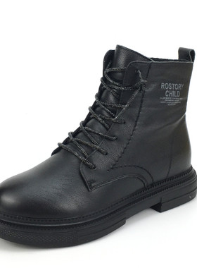 冰洁女鞋2024秋冬新款真皮圆头休闲加绒马丁棉靴短筒女靴13131-2