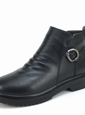 冰洁女靴冬季新款真皮低跟粗跟侧拉链短筒靴加绒棉靴M05161-L