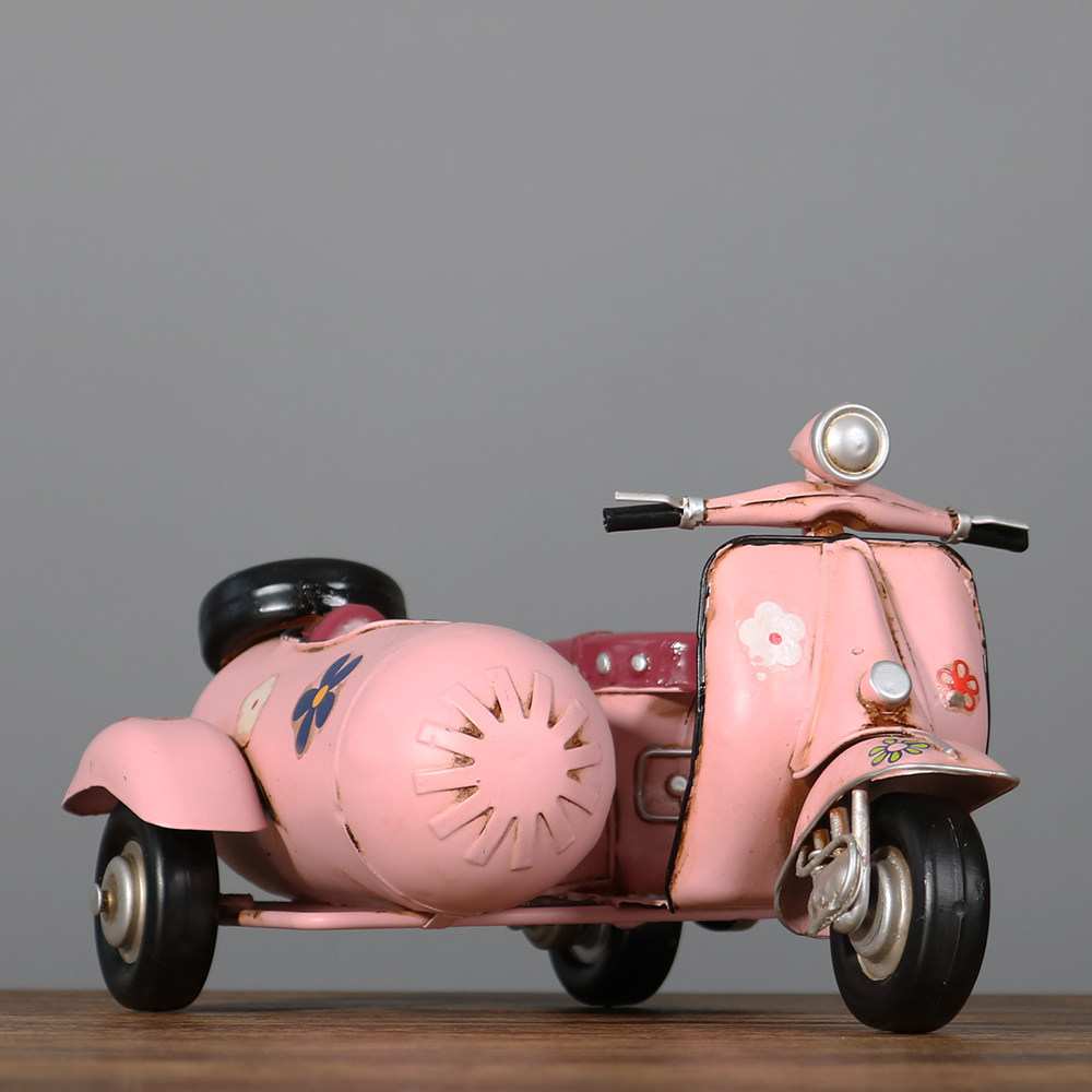 复古做旧铁艺三轮摩托车模型VESPA桌面创意摆件家居饰品手工艺品
