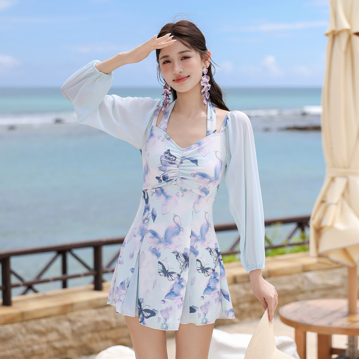 2026款法式碎花连体泳衣少女长袖防晒罩衫裙式学生度假风温泉泳装