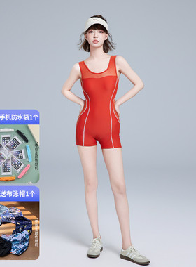 橙色专业连体泳衣女游泳馆专用平角冲浪2025年新款爆款运动游泳衣