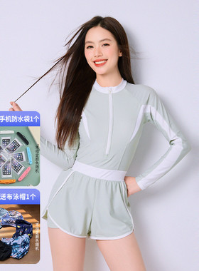 泳衣微胖女孩遮肉高级感长袖小清新绿色游泳馆学游泳衣女2025新款