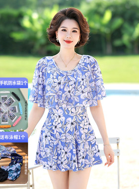 2025新款大码胖MM泳衣保守连体裙式遮肚显瘦中老年妈妈泡温泉泳装