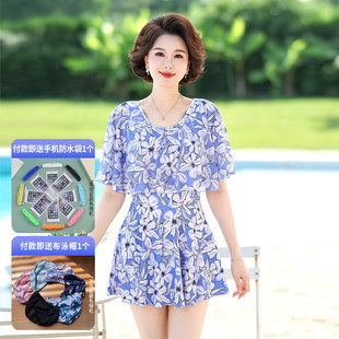 2025新款大码胖MM泳衣保守连体裙式遮肚显瘦中老年妈妈泡温泉泳装