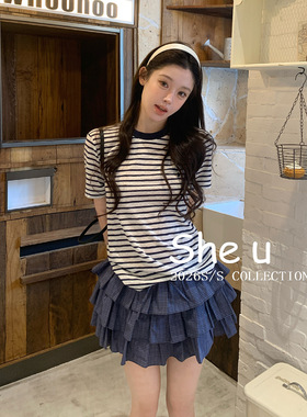 SHE U十三行韩系复古风格纹松紧半裙2026夏季新款显瘦百搭蛋糕裙