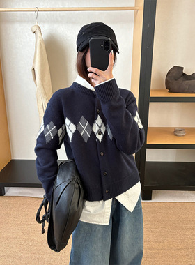 TG 复古常青藤 羊毛混纺菱格圆领毛衣厚开衫女早春新款