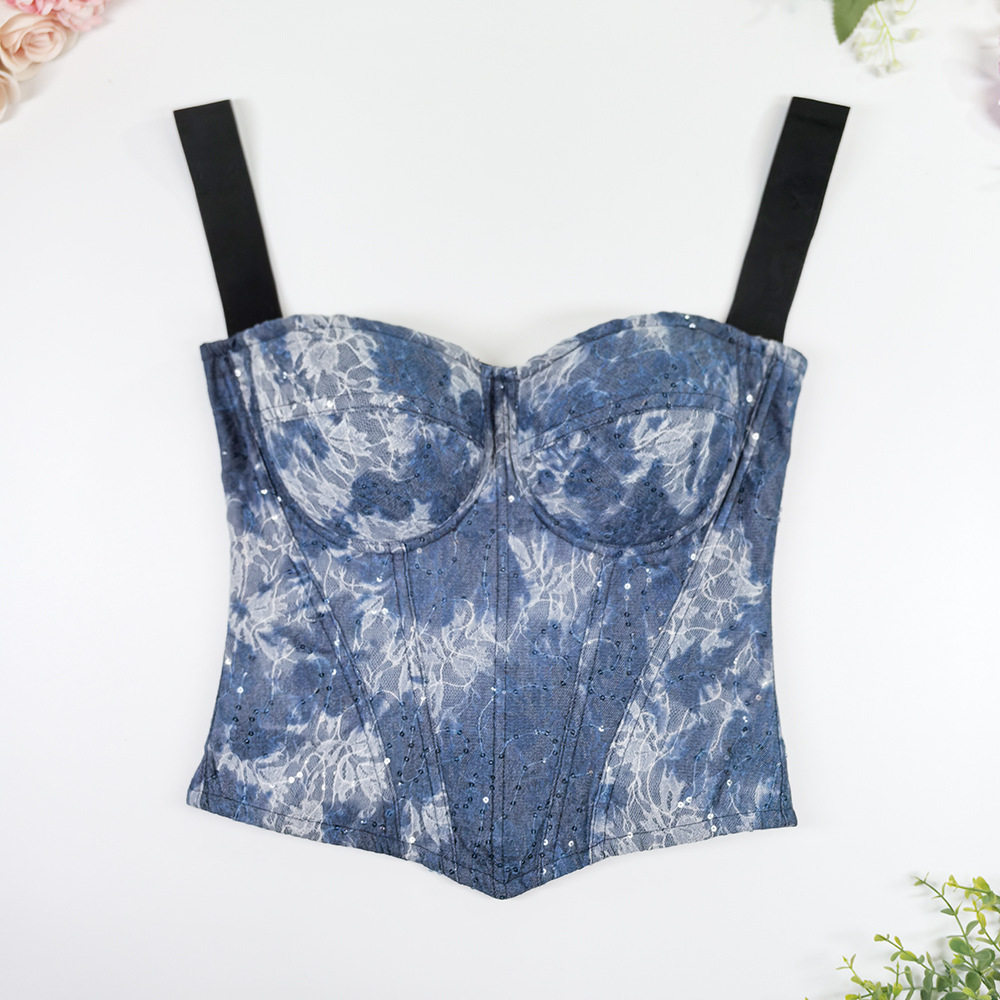 2025新款法式牛仔印花亮片刺绣塑身抹胸外穿收腹蚂蚁腰鱼骨胸衣