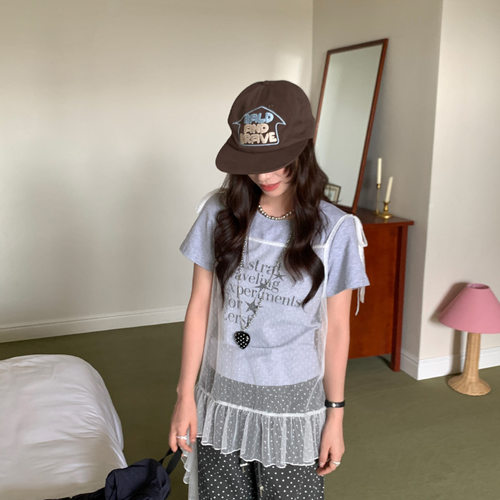 you think十三行夏季新款无袖网纱吊带拼印花短袖T恤两件套女