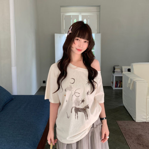 you think十三行夏季新款大圆领短袖露肩印花韩系上衣T恤女