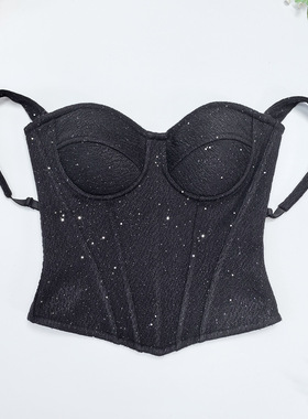 2026新款羊毛呢子吊带裹胸外穿纯色亮片掐腰美背加厚塑身鱼骨胸衣