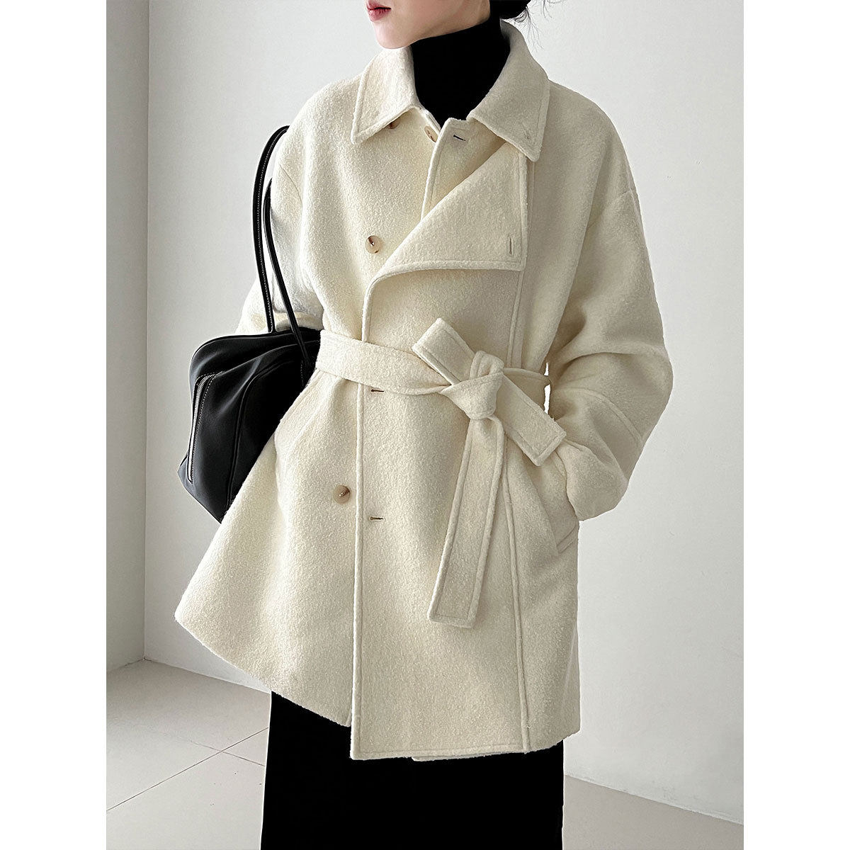 羊毛双层宽门襟廓形防风保暖呢大衣女冬季新款腰带外套