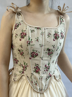 法式小碎花绑带鱼骨胸衣短款背心Bustier Crop早春新款