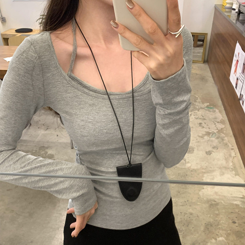 2026早春带胸垫挂脖假两件修身内搭打底衫女高级感长袖T恤