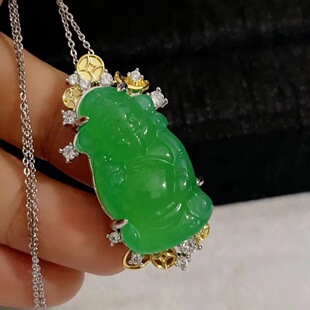 天然玉髓镀银镶嵌绿玉髓财神吊坠绿玛瑙男女款 玉石项链挂件礼品