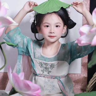 汉服女童超仙飘带儿童古风唐朝拼接绿衣粉衣白裙重工刺绣连衣襦裙
