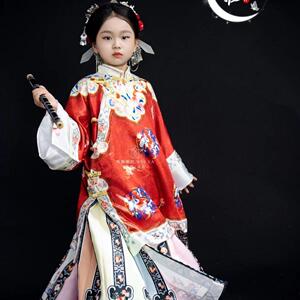 女童汉服斜襟套装中国红色公主马面裙清朝儿童清汉女格格服三把刀